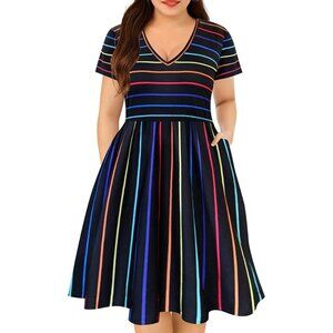 Plus Size Boho Floral Striped V Neck Short Sleeve Summer Dress with Pockets
